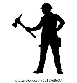 Vector illustration. Silhouette of a builder with a hammer in his hand.