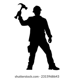 Ilustración vectorial. Silhouette de un constructor con un martillo en la mano.