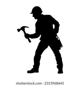 Vector illustration. Silhouette of a builder with a hammer in his hand.