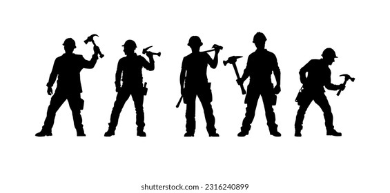 Vector illustration. Silhouette of a builder with a hammer in his hand. Shadow set.