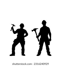 Vector illustration. Silhouette of a builder with a hammer in his hand. Shadow set.
