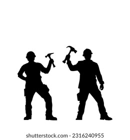 Vector illustration. Silhouette of a builder with a hammer in his hand. Shadow set.