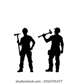 Vector illustration. Silhouette of a builder with a hammer in his hand. Shadow set.