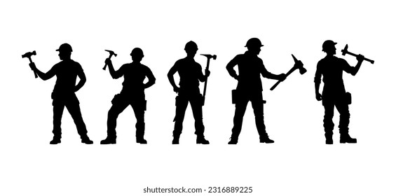 Vector illustration. Silhouette of a builder with a hammer in his hand. Shadow set.