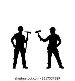 Vector illustration. Silhouette of a builder with a hammer in his hand. Shadow set.