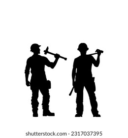 Vector illustration. Silhouette of a builder with a hammer in his hand. Shadow set.