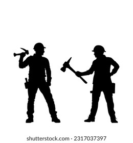 Vector illustration. Silhouette of a builder with a hammer in his hand. Shadow set.
