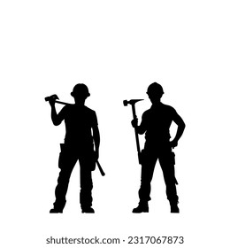 Vector illustration. Silhouette of a builder with a hammer in his hand. Shadow set.