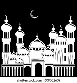 vector illustration, silhouette building mosque, background nighty tower, moon