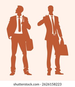 Vector illustration of silhouette of a businessman with a briefcase. Standing man holding bag in suit.