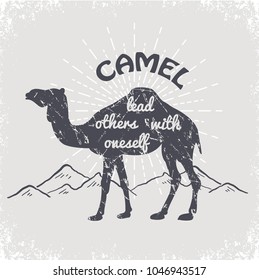 vector illustration of a silhouette of a camel, an ancient engraving of an animal with an inscription