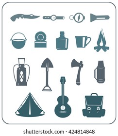 Vector illustration with silhouette of camping equipment. Set of travel elements. 