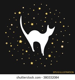 Vector illustration with silhouette of cat and gold stars