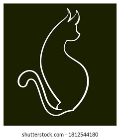 vector illustration of silhouette cat, the linear white animal on a black background