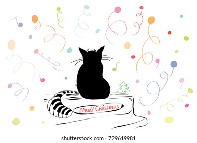 vector illustration silhouette of a cat on the piano surrounded by fireworks / Merry Christmas tunes