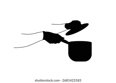 Vetor ilustração silhueta cozimento chef com panela e tampa