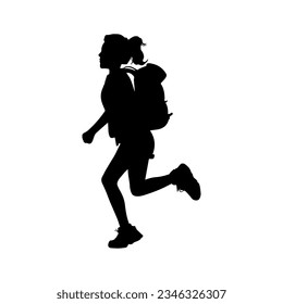 Vector illustration. Silhouette of a child going to school with a backpack on his back.