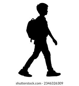 Ilustración vectorial. Silhouette de un niño yendo a la escuela con una mochila en la espalda.