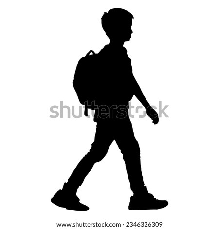 Vector illustration. Silhouette of a child going to school with a backpack on his back.