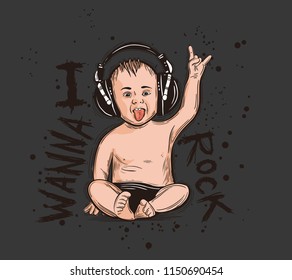 Vector illustration with a silhouette of a child in headphones and inscriptions Quote- " I wanna rock."An inspirational typography poster.