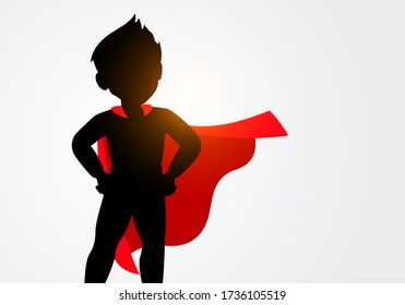 Vector Illustration Silhouette Of Child In Superhero Costume. Kid In Super Hero Pose.