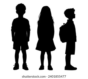 Ilustración vectorial. Silhouette de niños. Un grupo de personas. Conjunto de stickers. Muestra.