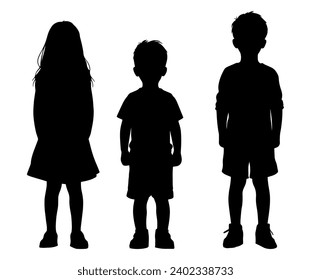 Ilustración vectorial. Silhouette de niños. Un grupo de personas. Conjunto de stickers. Muestra.