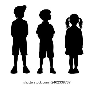 Ilustración vectorial. Silhouette de niños. Un grupo de personas. Conjunto de stickers. Muestra.