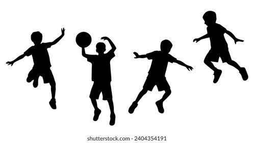 Ilustración vectorial. Silhouette de niños. Un grupo de personas. Conjunto de stickers. Muestra.