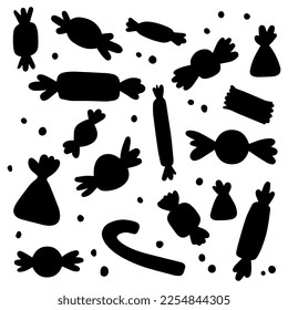 Vector illustration. Silhouette of chocolates in candy wrappers. Lollipops.