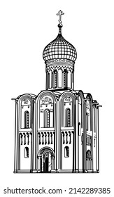 Vector illustration with silhouette of Church of the Intercession on the Nerl. Temple in the Vladimir region of Russia, built in the 12th century.