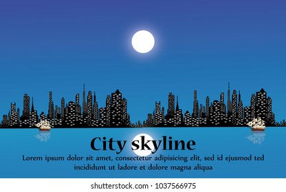 Vector illustration. Silhouette of the city in a flat style. Modern cityscape. Carablik on the sea. Otdikh, the sea and travel.