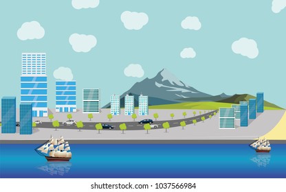 Vector illustration. Silhouette of the city in a flat style. Modern cityscape. Carablik on the sea. Otdikh, the sea and travel.