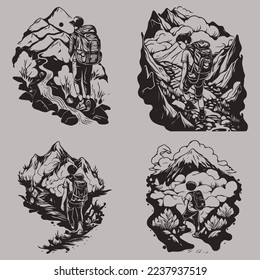 Vector illustration: Silhouette of a climber. Isolated hiker 