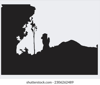Vector illustration: Silhouette of a climber. Isolated hiker on white background
