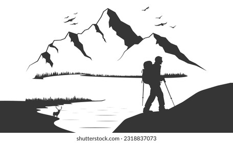 Vector illustration Silhouette of a climber. Isolated hiker on white background. 3D Illustration