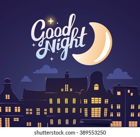 Vector Illustration Of Silhouette Of Close Up Night City Landscape On Dark Blue Sky Background With Big Moon. Art Design For Web, Site, Advertising, Banner, Poster, Flyer, Brochure, Board, Card, Print