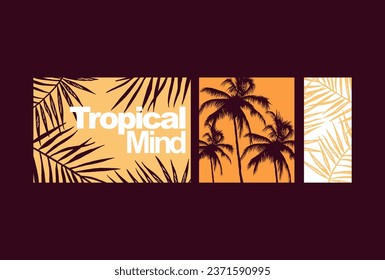 Vector illustration of silhouette of coconut trees and leaves in composition with text and geometric shapes. Editable art for prints on t-shirts and other various uses.