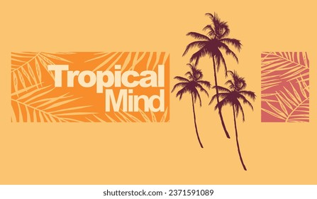 Vector illustration of silhouette of coconut trees and leaves in composition with text and geometric shapes. Editable art for prints on t-shirts and other various uses.