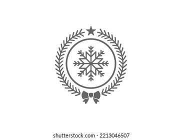 Vector illustration of silhouette of coniferous branches with bow and star depicted around snowflake as symbol of Christmas day