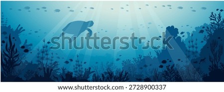 Vector illustration with silhouette of coral reef, turtle and fish. Underwater seascape with marine life. Blue ocean image.