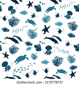 Vector illustration with silhouette of corals and marine life, seamless pattern with marine hand drawn, elements for topics of tropical sea life, design for kids, background, t-shirt, fabric, baby.