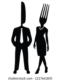 Vector illustration of a silhouette couple with the head of a fork and knife on a white background