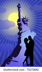 Vector illustration of silhouette of couple kissing on the background of Statue of Liberty