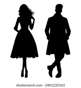 Vector illustration. Silhouette of a couple in love in beautiful clothes.
