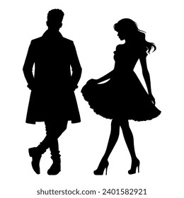 Vector illustration. Silhouette of a couple in love in beautiful clothes.