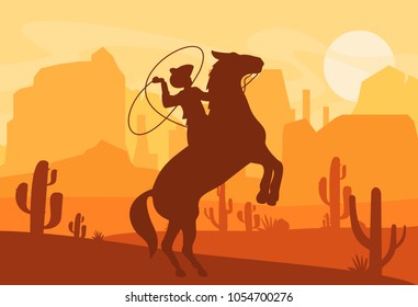 Vector Illustration Of Silhouette Of Cowboy Catching Wild Horse At Sunset With Beautiful Wild West Texas Desert On Background In Flat Style.