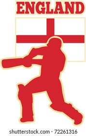 vector illustration of  silhouette of cricket batsman batting front view with flag of England