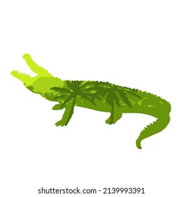 Vector illustration silhouette crocodile. Isolated white background. Icon animal crocodile side view profile. african savannah and colorful sky EPS