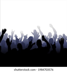 Vector illustration of a silhouette of a crowd of people with raised hands. Isolated image of people.